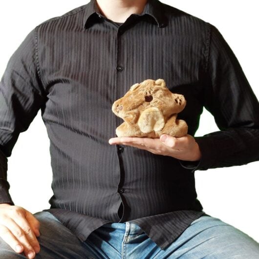 Groesse-Baer-flach Cooler Typ, der einen kleinen flachen Stofftier Bären auf seiner Hand hält