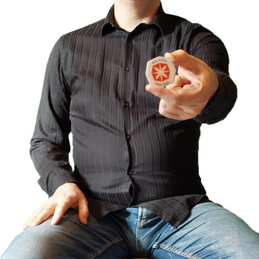 Vitalslab-Groesse-nah Cooler Typ hält eine kleine Metallscheibe von Pen-Yang näher in die Kamera