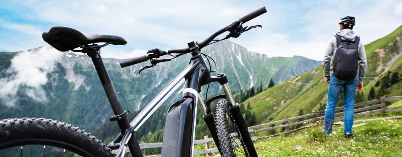 E-Bike auf Wiese mit Bergblick und Wanderer im Hintergrund.